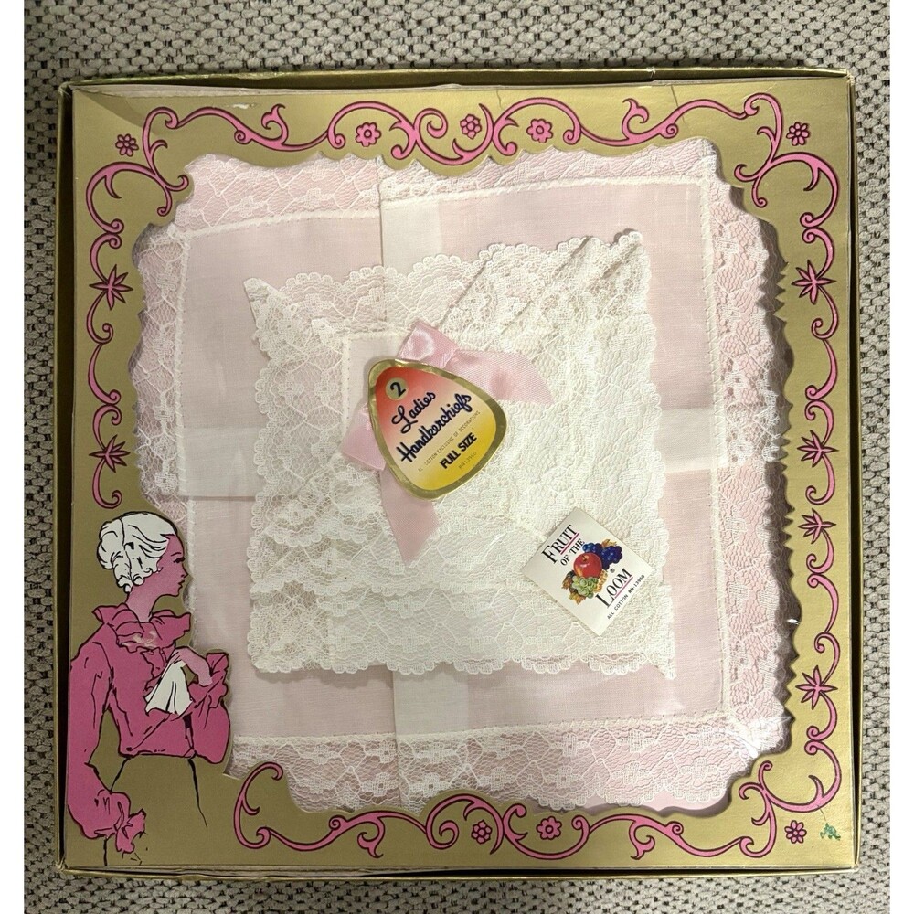 Vintage Fruit of the Loom 2 Ladies Handkerchiefs Pink White Lace Boxed Gift Set